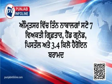 ਅੰਮ੍ਰਿਤਸਰ ਵਿੱਚ ਤਿੰਨ ਨਾਬਾਲਗਾਂ ਸਣੇ 7 ਵਿਅਕਤੀ ਗ੍ਰਿਫ਼ਤਾਰ, ਹੈਂਡ ਗ੍ਰਨੇਡ, ਪਿਸਤੌਲ ਅਤੇ 3.4 ਕਿਲੋ ਹੈਰੋਇਨ ਬਰਾਮਦ