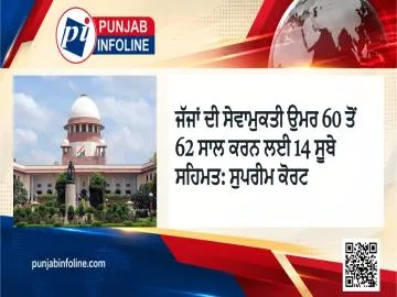 ਜੱਜਾਂ ਦੀ ਸੇਵਾਮੁਕਤੀ ਉਮਰ 60 ਤੋਂ 62 ਸਾਲ ਕਰਨ ਲਈ 14 ਸੂਬੇ ਸਹਿਮਤ: ਸੁਪਰੀਮ ਕੋਰਟ