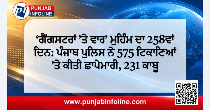‘ਗੈਂਗਸਟਰਾਂ ’ਤੇ ਵਾਰ’ ਮੁਹਿੰਮ ਦਾ 258ਵਾਂ ਦਿਨ: ਪੰਜਾਬ ਪੁਲਿਸ ਨੇ 575 ਟਿਕਾਣਿਆਂ ’ਤੇ ਕੀਤੀ ਛਾਪੇਮਾਰੀ, 231 ਕਾਬੂ